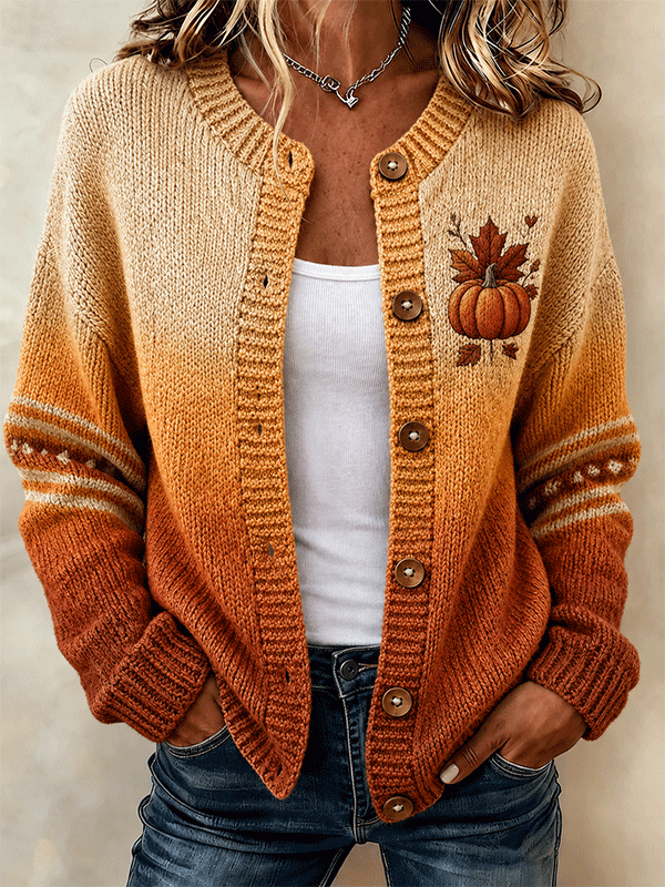 Women's Pumpkin Maple Leaf Gradient Fall Knit Cardigan
