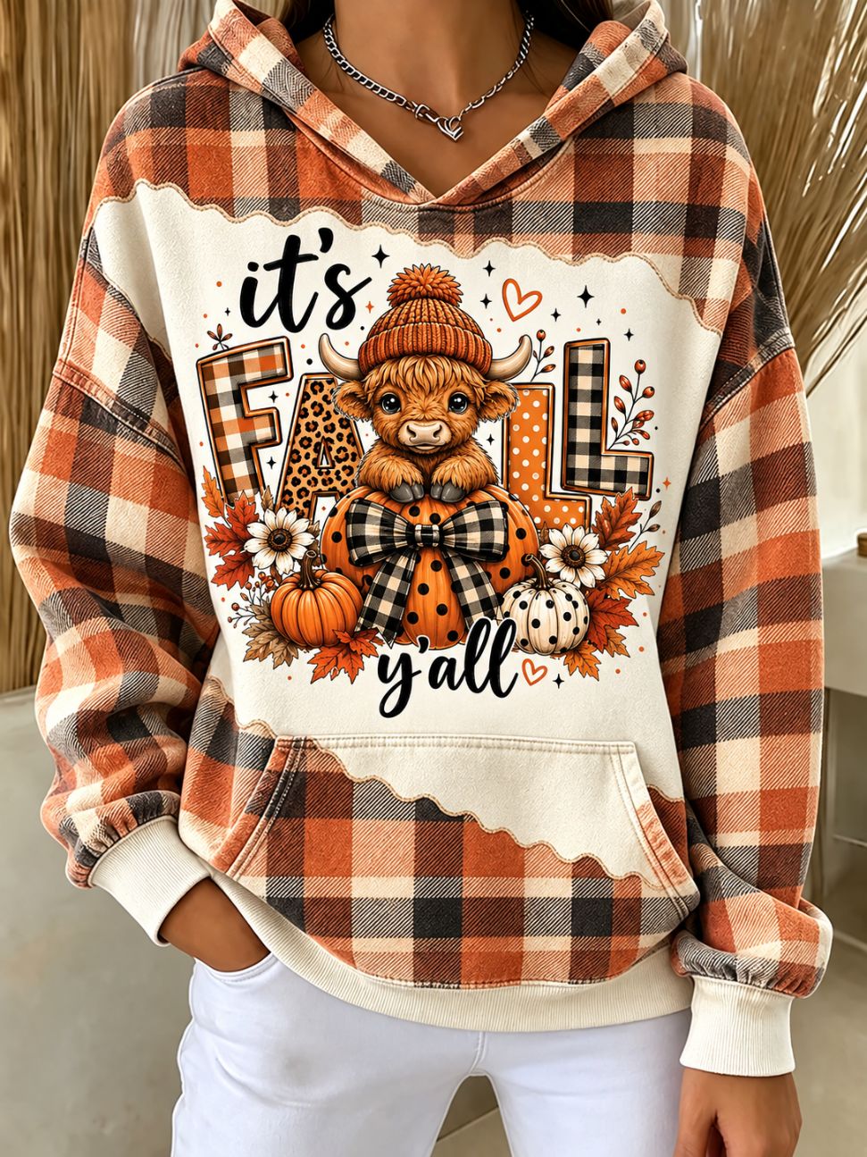 Women'S It's Fall Y'all Highland Cow Plaid Hoodie