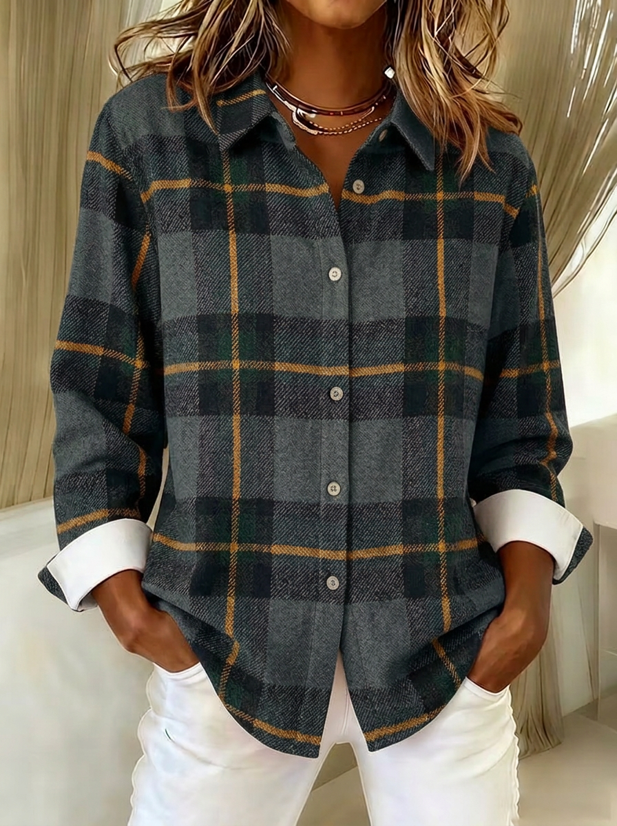 Women's Autumn Fall Plaid Pattern Printed Button-Down Shirt