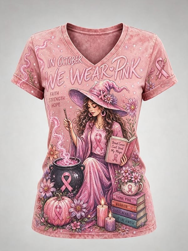 Women'S Breast Cancer Halloween Print V-Neck Top