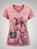 Women'S Breast Cancer Halloween Print V-Neck Top