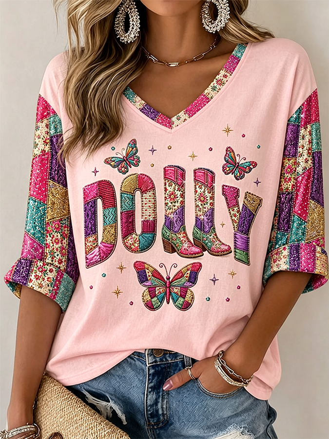 Women's  Commemorative Printed Casual V Neck Top