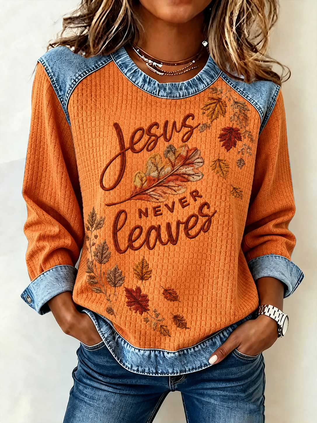 Women's Retro Fall for Jesus He Never Leaves Print Hoodie