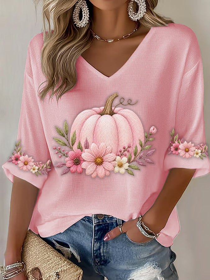 Women'S Pink Embroidered Pumpkin Flowers  Print Waffle  Top