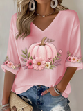 Women'S Pink Embroidered Pumpkin Flowers  Print Waffle  Top