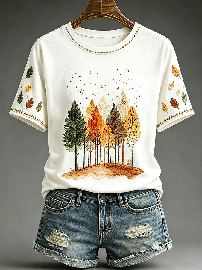 Ladies' Autumn Themed Printed Casual T-Shirt