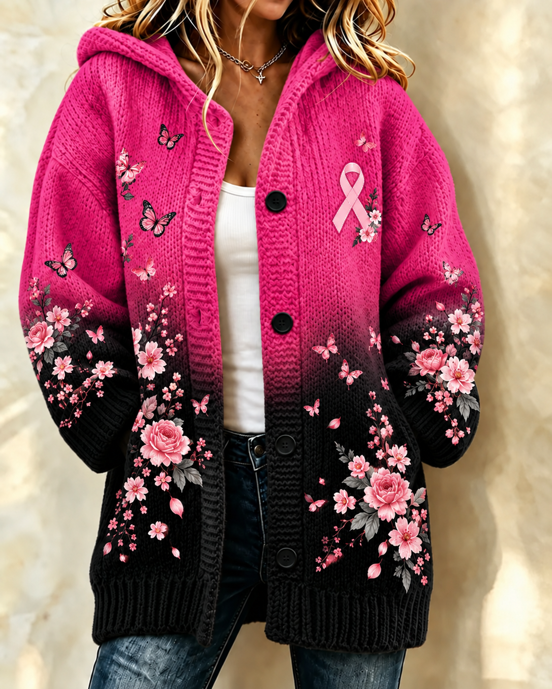Women'S Plant Pollen Red Breast Cancer Promotion Prevention Printed Casual Cardigan