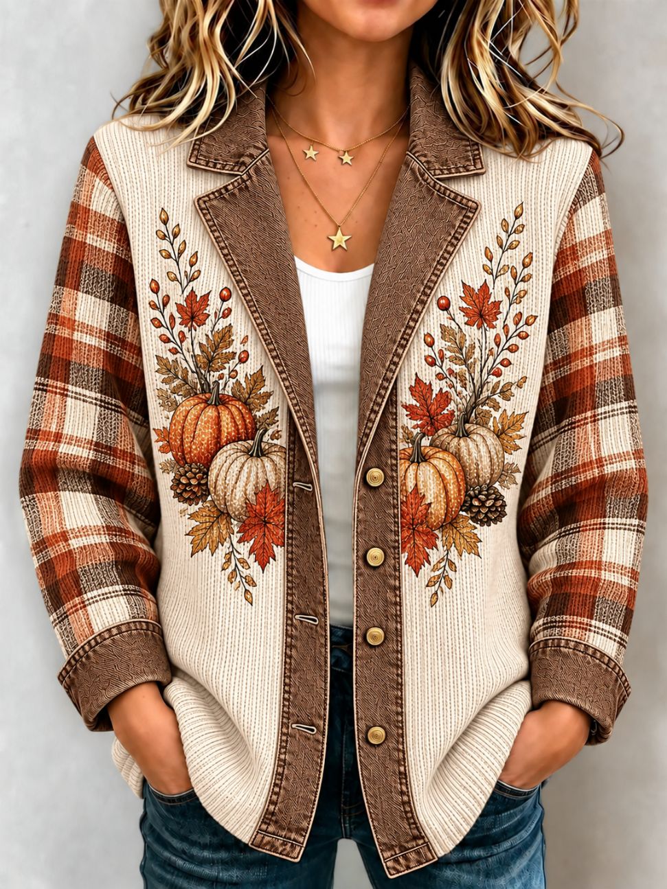 Women's Pumpkin Maple Leaf Print Plaid Blazer