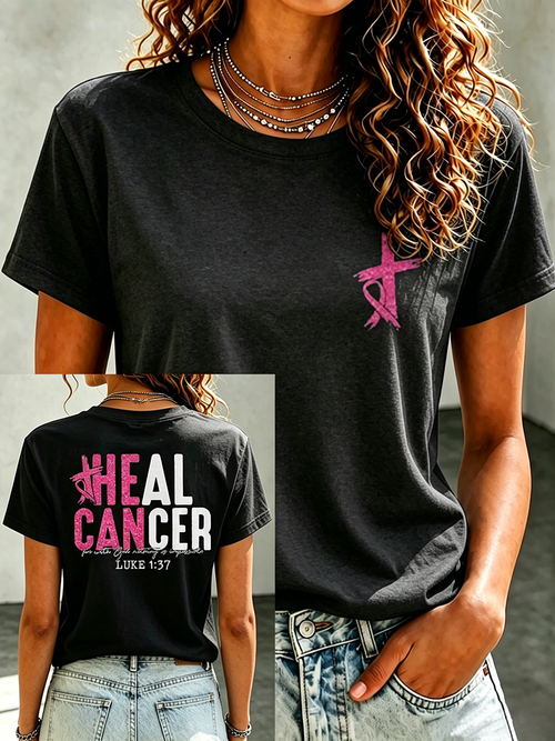 Pink Series Disease Health Awareness Public Welfare Printed Round Neck T-Shirt