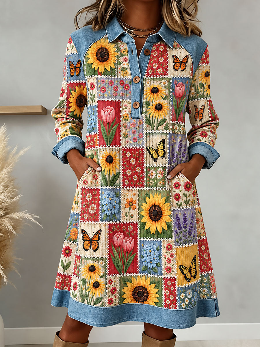 Women's Patchwork Art Button Collar Dress