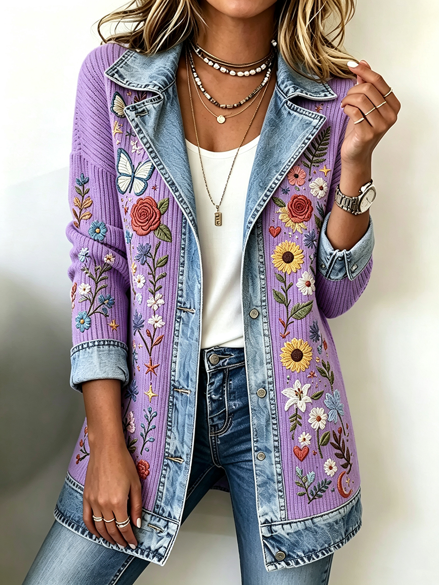 Women's Patchwork Art Denim Collar Jacket
