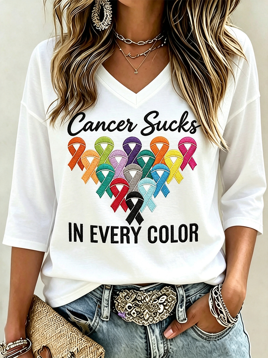Women's Fight Cancer In All Colors Cancer Awareness Print T-shirt