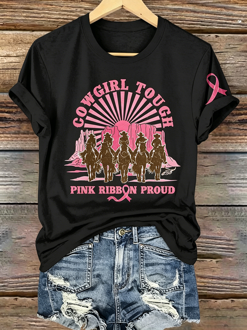 Pink Series Disease Health Awareness Public Welfare Printed Round Neck T-Shirt