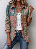 Women'S Vintage Butterfly & Floral Art Print Casual Ruffled Shirt Jacket