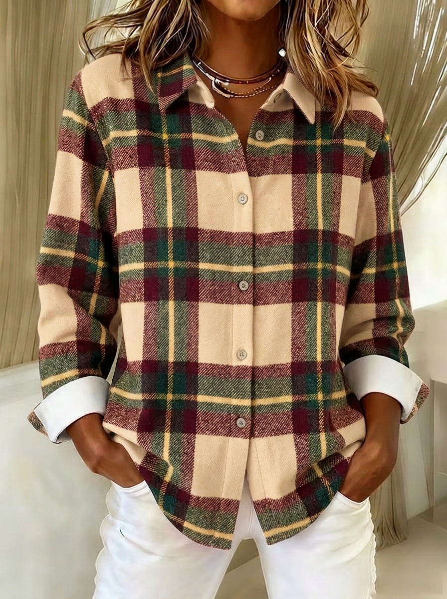 Women's Autumn Fall Plaid Pattern Printed Button-Down Shirt