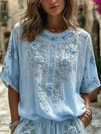 Women's Floral Art Cotton Linen V-Neck Short Sleeved Top