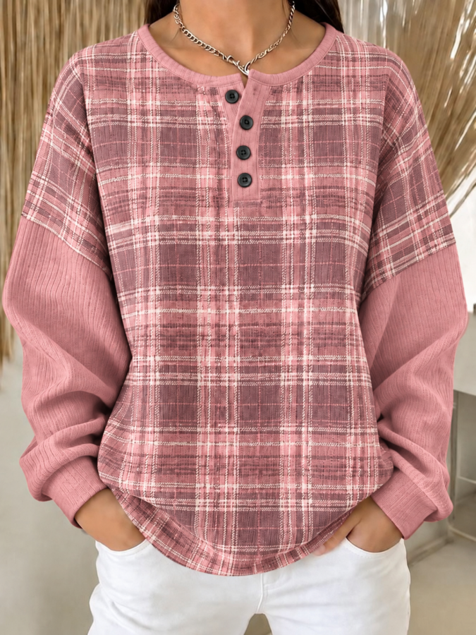 Women Plaid Henley Collar Casual Spring/Fall Long Sleeve Sweatshirt