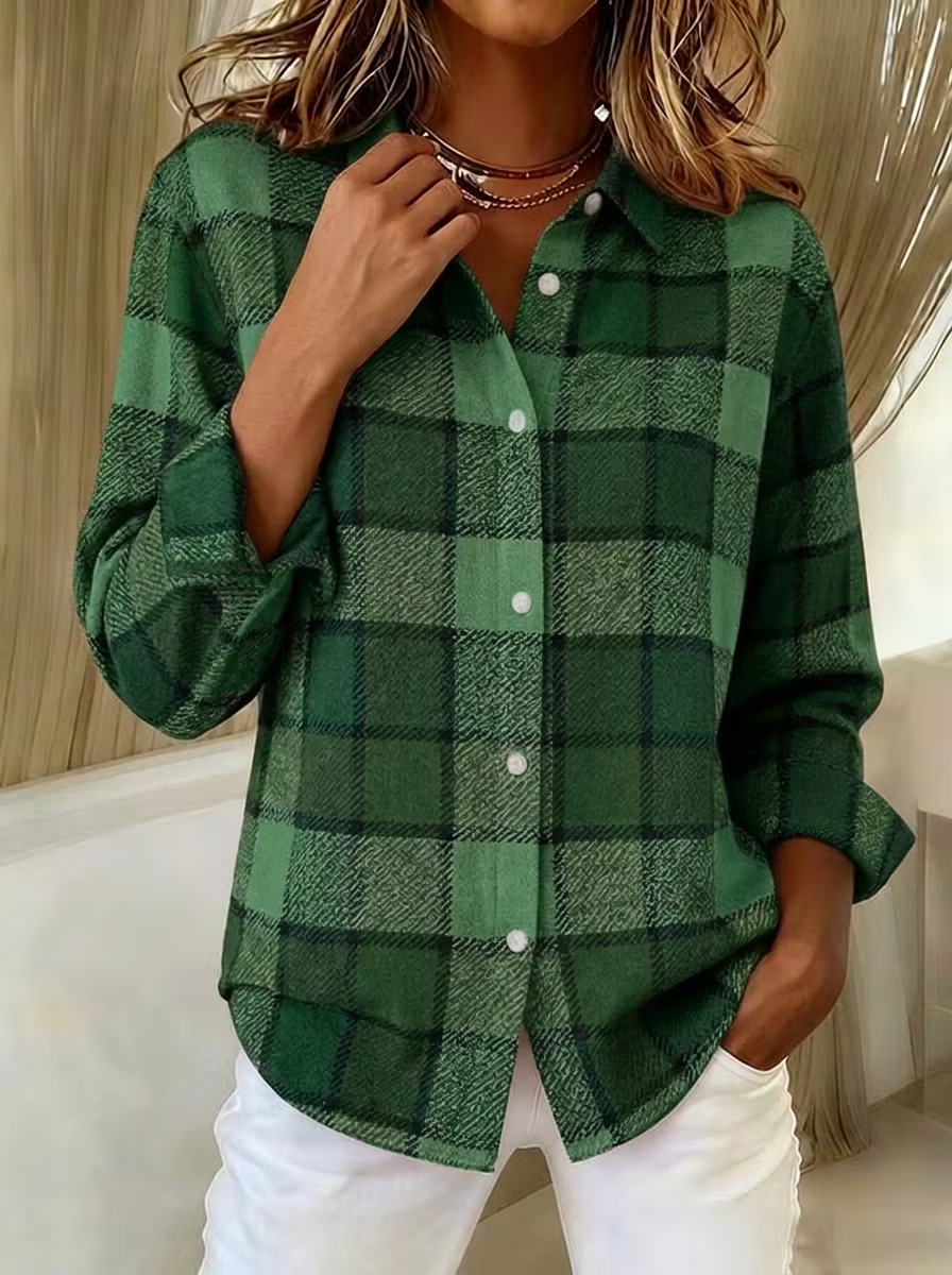 Women'S  Casual  Print Lapel Long Sleeve Shirt