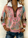 Women's Butterfly & Flower-Themed Fleece-Collar Knit Sweater