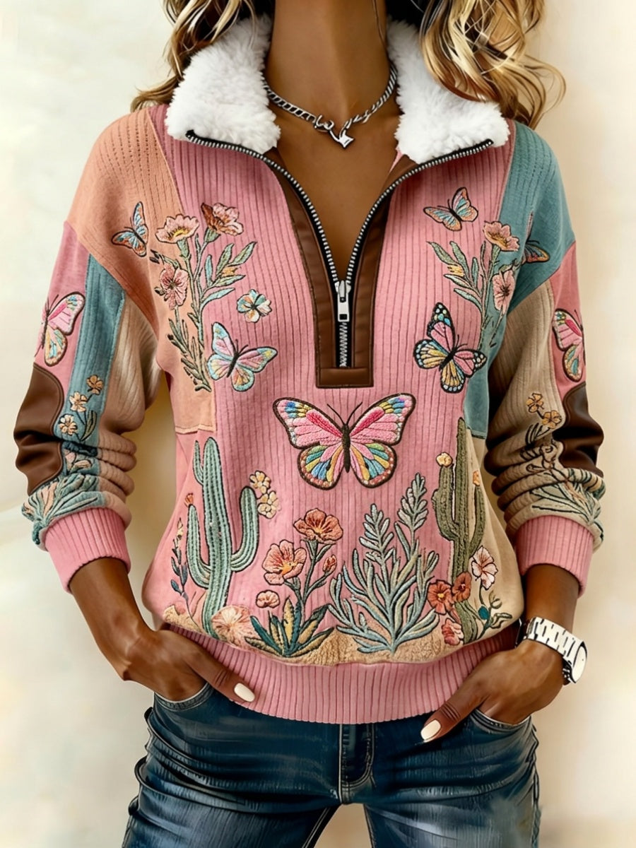 Women's Butterfly & Flower-Themed Fleece-Collar Knit Sweater