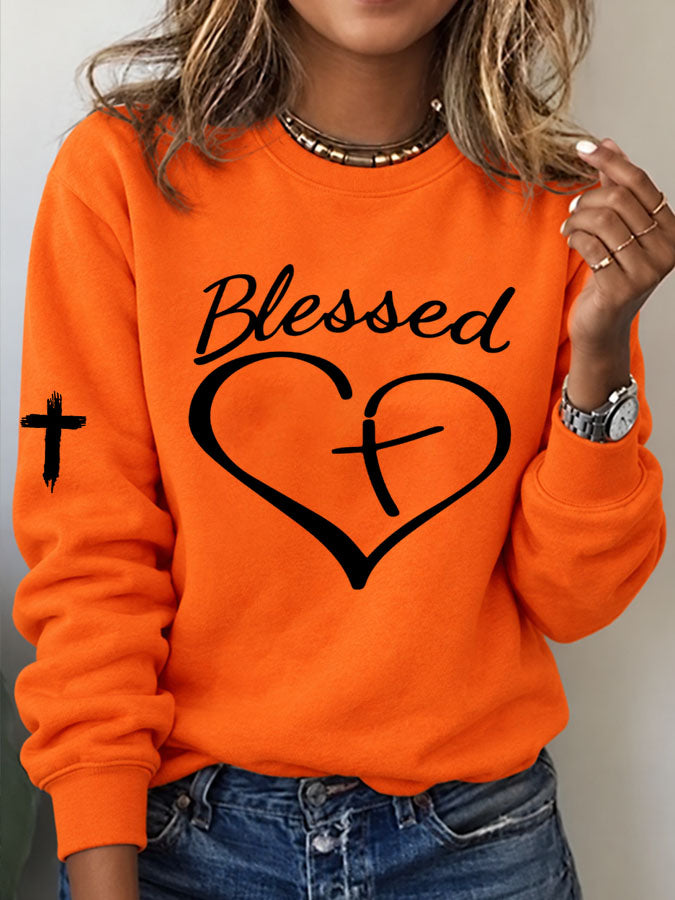 Women's Blessed Heart Cross Printed Sweatshirt