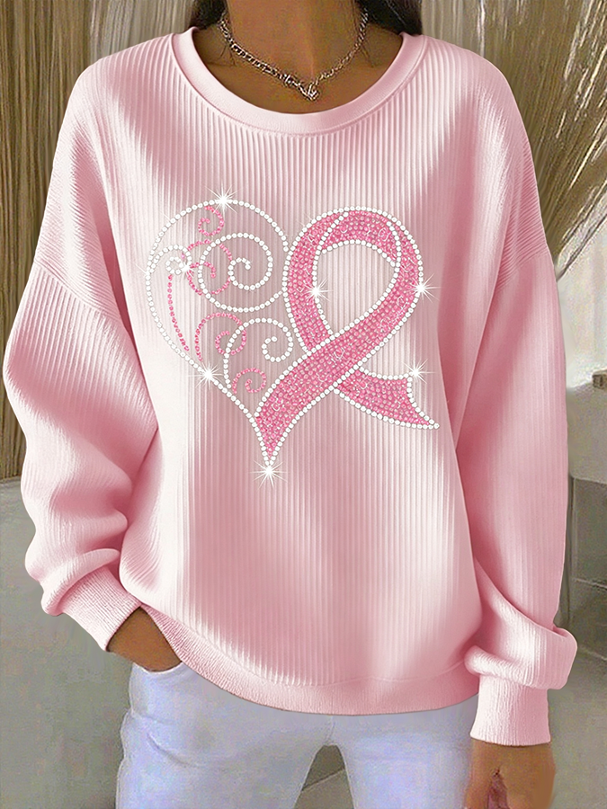 Women'S Rhinestone Breast Cancer Heart Ribbon  Print Casual Texture Sportswear