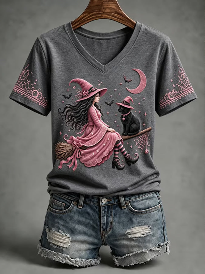 Women'S Witch Printed Short Sleeve Knitted Shirt