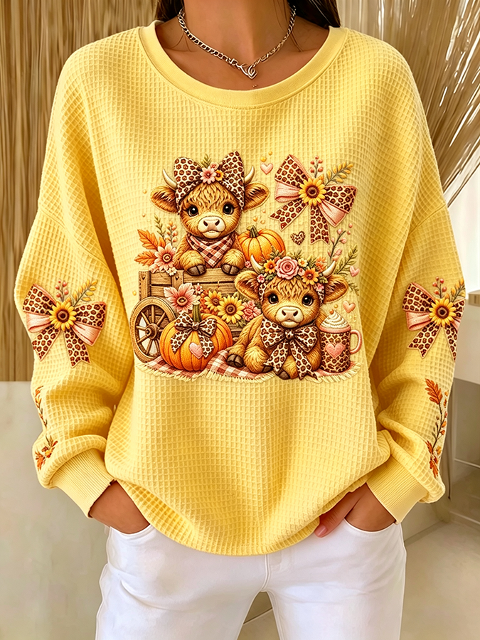 Women's Fall Highland Cow Pumpkin Waffle Knit Top