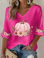 Women'S Pink Embroidered Pumpkin Flowers  Print Waffle  Top