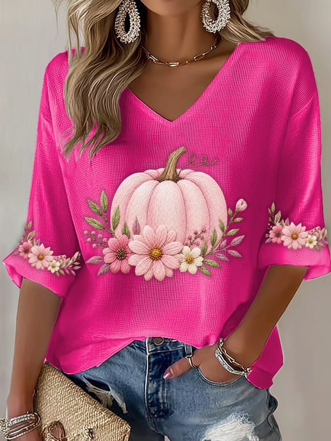 Women'S Pink Embroidered Pumpkin Flowers  Print Waffle  Top