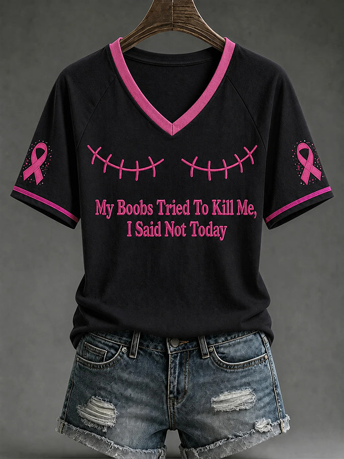 Women'S Casual Retro Breast Cancer Print T-Shirt