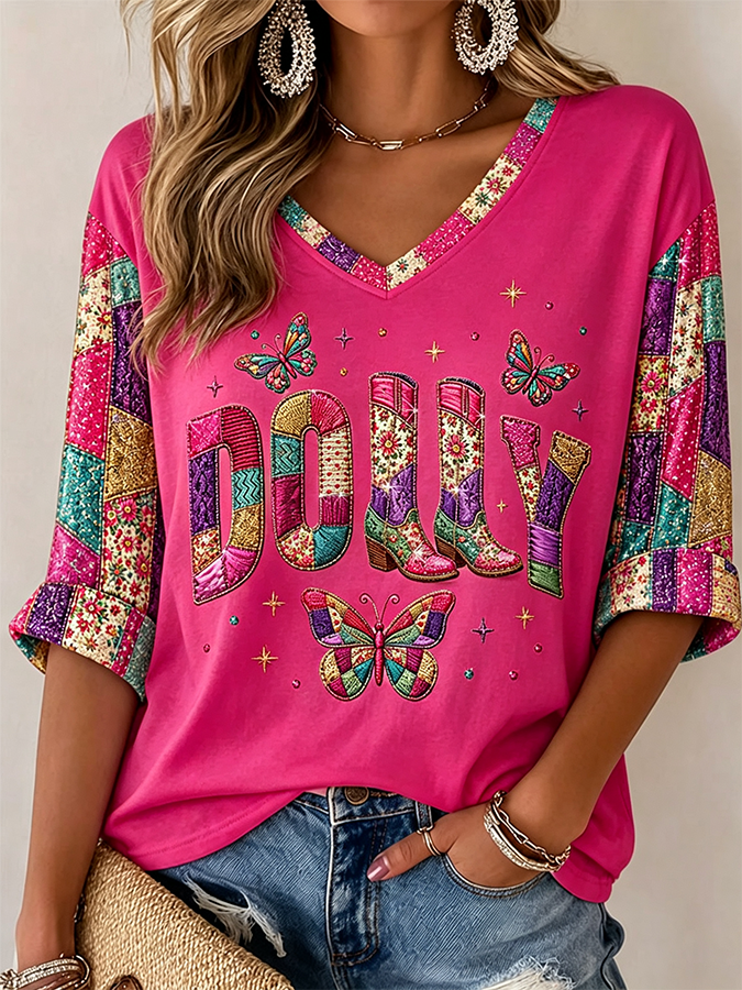 Women's  Commemorative Printed Casual V Neck Top