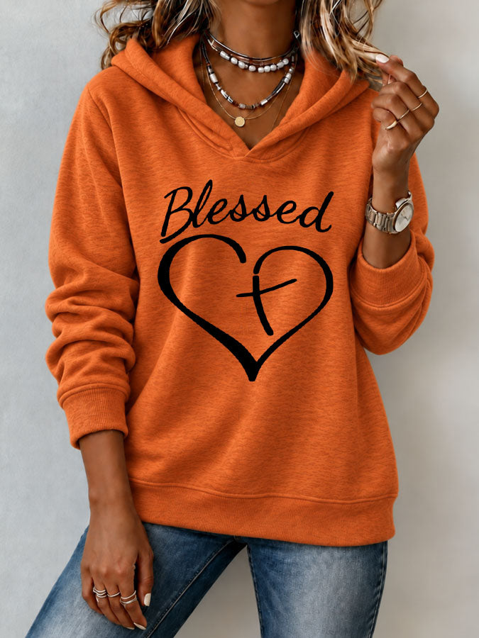 Women'S Blessed Heart Cross Printed Hoodie