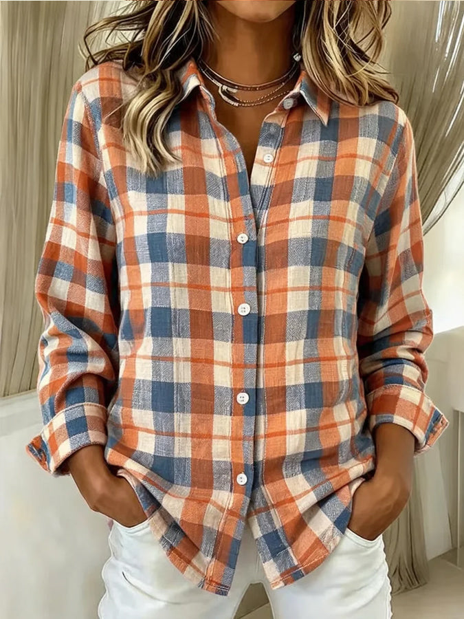 Women'S Paid Printed Lapel Long Sleeved Shirt