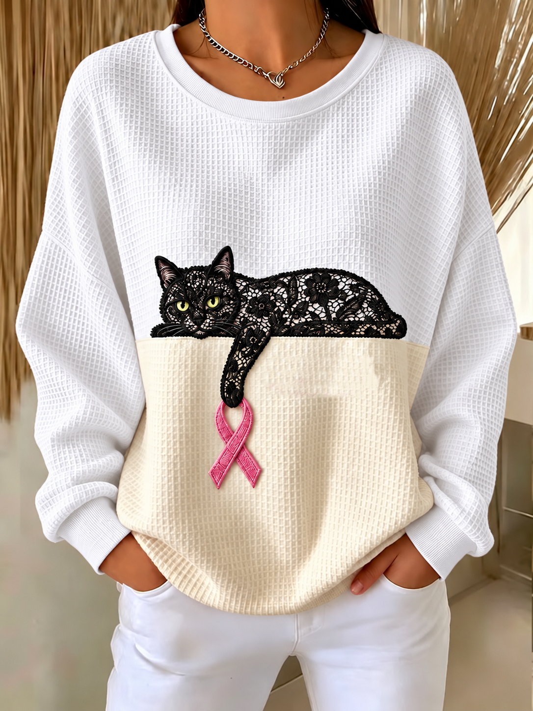 Women'S Pink Ribbon Cat Printed Casual Sweatshirt