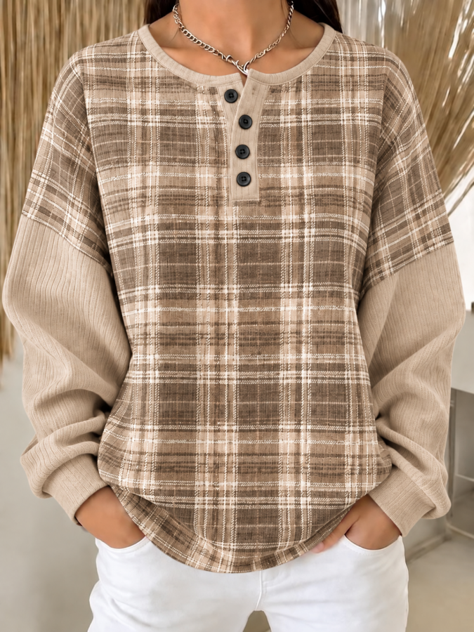 Women Plaid Henley Collar Casual Spring/Fall Long Sleeve Sweatshirt