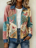 Women's Retro Floral & Butterfly Pattern Knit Zip-Up Cardigan