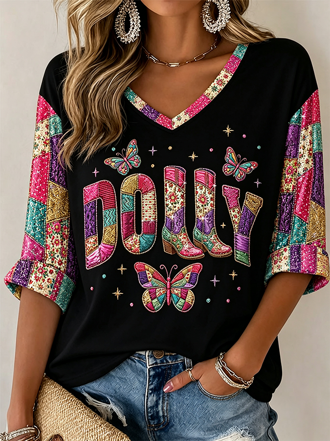 Women's  Commemorative Printed Casual V Neck Top