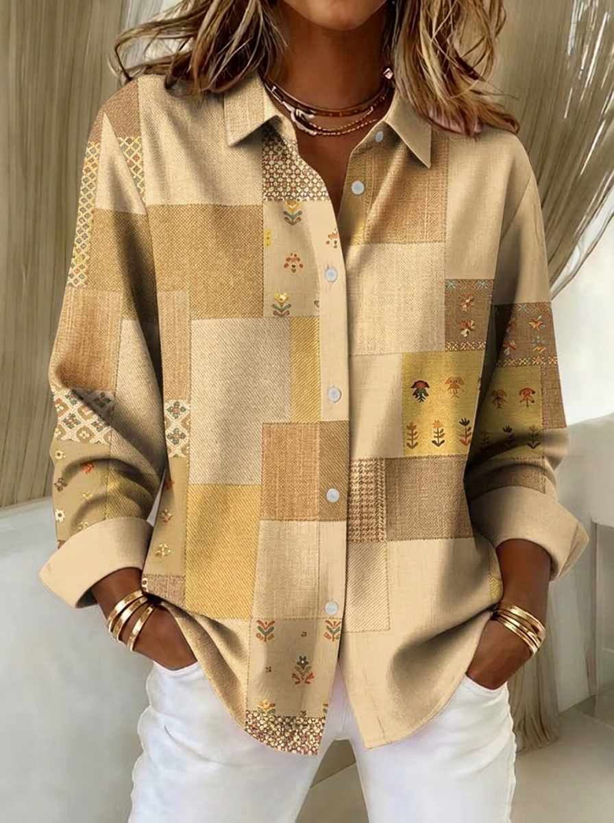 Women's Autumn Boho Patchwork Floral Printed Button-up Shirt