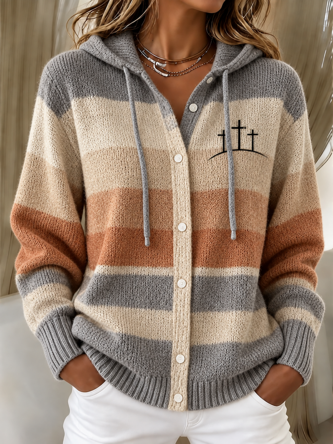 Women'S Faith Print Casual Knitt Hooded Cardigan