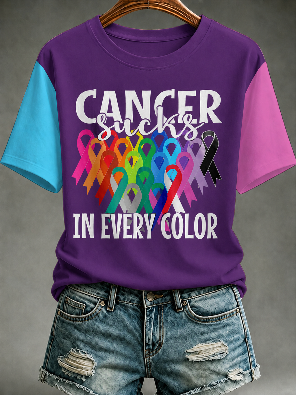 Women All Cancer Ribbons Awareness T-Shirt Cancer Sucks Print
