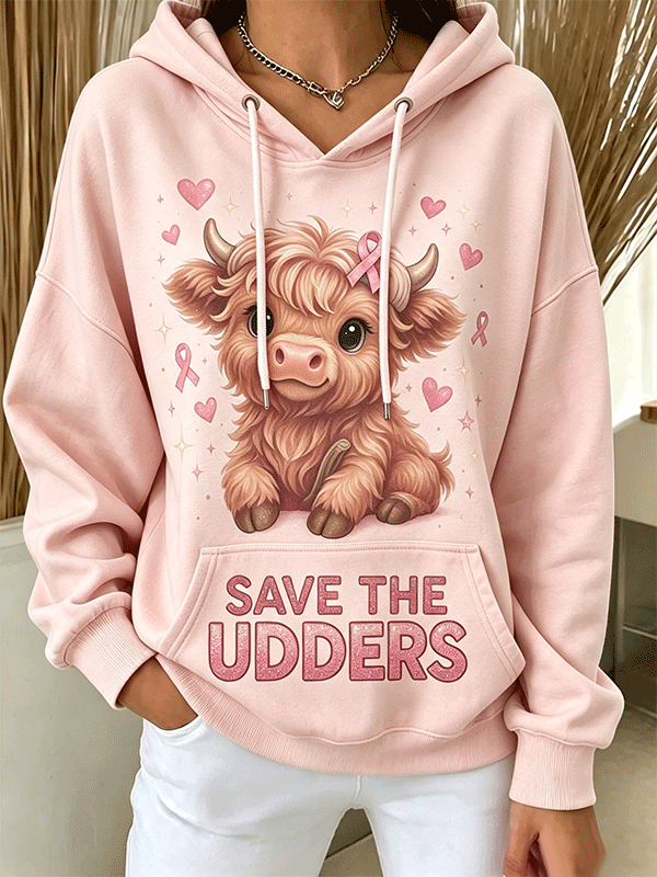 Women's Save The Udders Highland Cow Pink Ribbon Hoodie