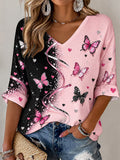 Women'S Pink Art Print Waffle  Top