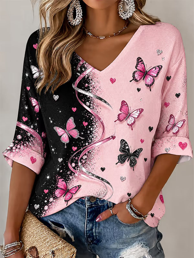 Women'S Pink Art Print Waffle  Top