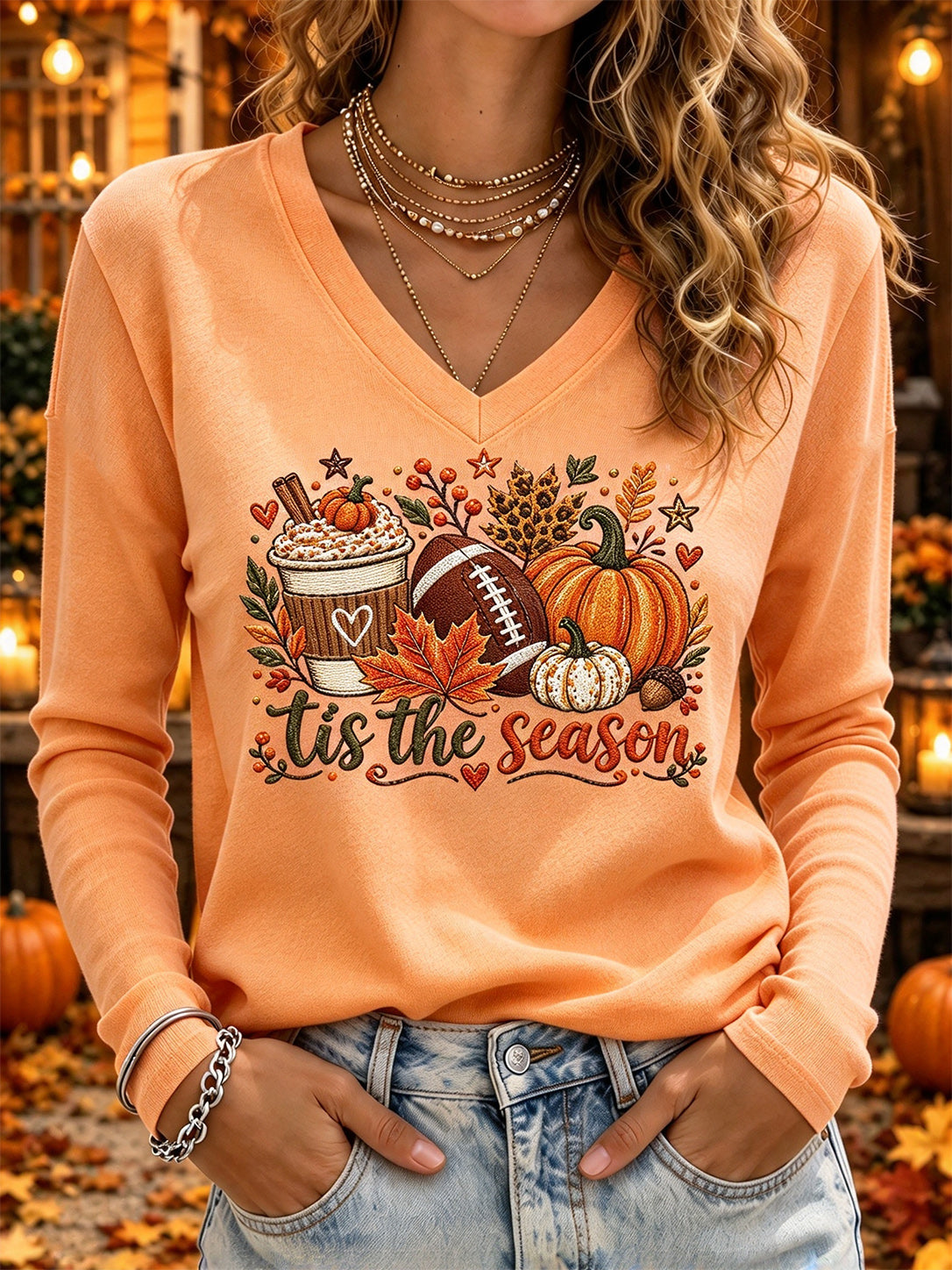 Women'S Casual Long Sleeved V-Neck T-Shirt
