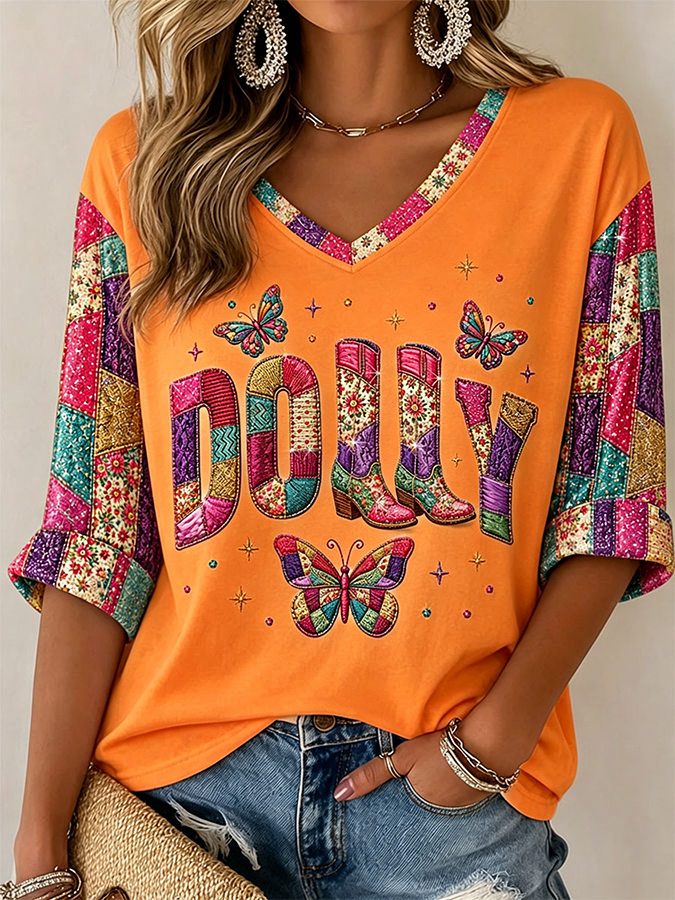 Women's  Commemorative Printed Casual V Neck Top