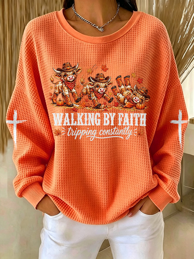 Women'S Walking by Faith Tripping Constantly Printed Waffle Sweatshirt