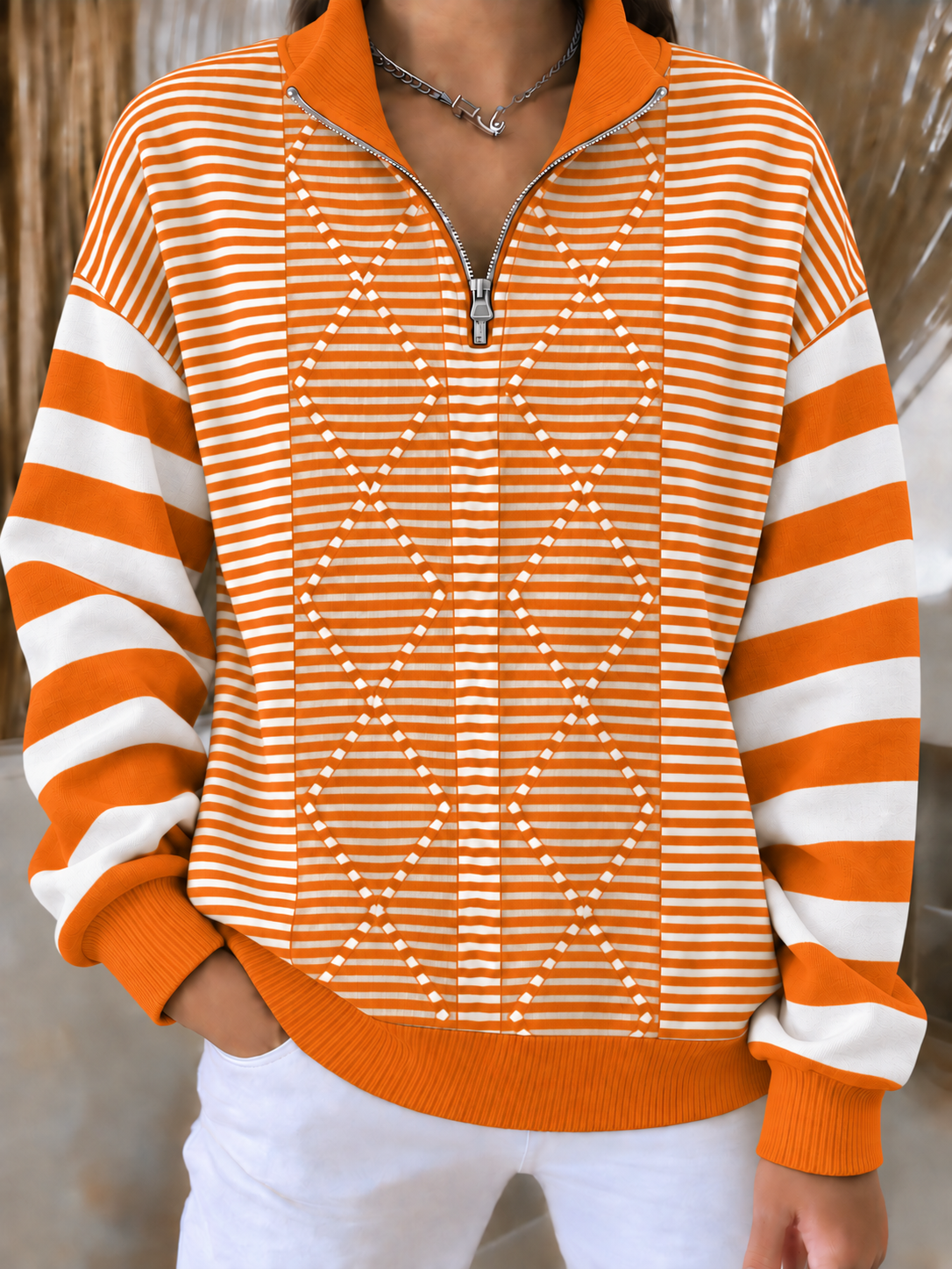 Women'S Casual Striped Zipper Top