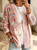 Women'S Pink Art Print Casual Cardigan