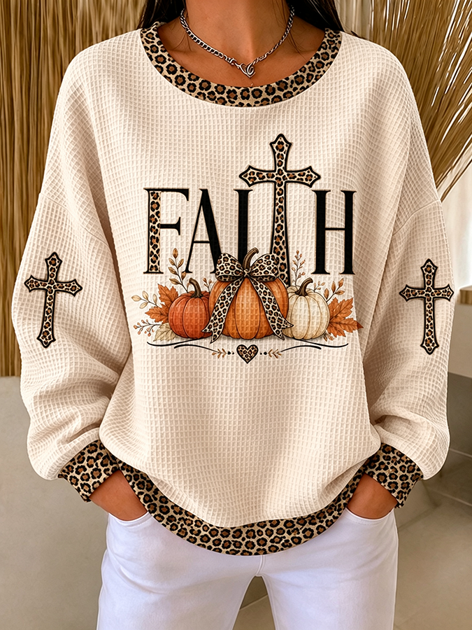Women'S Faith Cross Printed Casual Waffle Sweatshirt